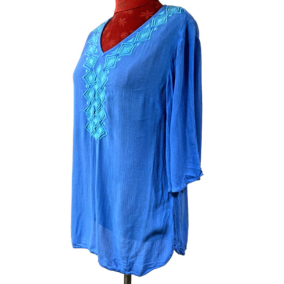 Lilly Pulitzer S/P Blue Tunic Top Blouse 3/4 Sleeve Green Embroidery Cover Up - Picture 2 of 9